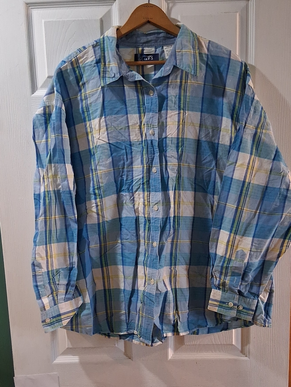 Wrangler Blue, White and Yellow Plaid Button-Down Shirt